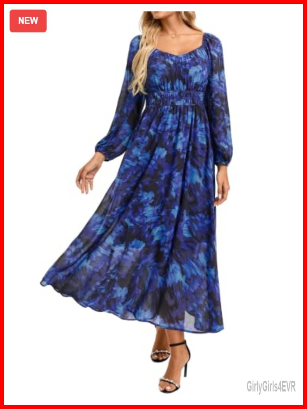 Long Sleeve Floral Maxi Dress Square V-Neck Chiffon Wedding Guest